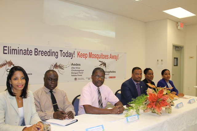 Seating at the head table at the launch of the Ministry of Health’s Health Promotions Unit Zika Virus/Mosquito Prevention and Control campaign at a press conference at the Nevis Disaster Management Office (NDMO) at Long Point on March 23, 2016. (L-r) Nadine Carty-Caines of the Health Promotions Unit, General Manager of the Nevis Solid Waste Management Authority Mr. Andrew Hendrickson, Chief Medical Officer in St. Kitts and Nevis Dr. Patrick Martin, Deputy Premier of Nevis and Minister of Health Hon. Mark Brantley, Medical Officer of Health on Nevis Dr. Judy Nisbett and Permanent Secretary in the Ministry of Health on Nevis Nicole Slack-Liburd